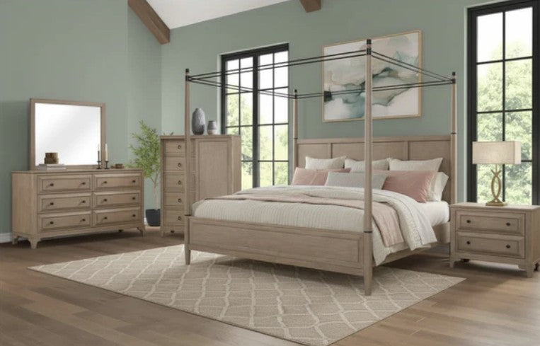 Wilmington Canopy Bedroom Set in Sand by HomelyOasis - Modern transitional 4-piece canopy bedroom set including bed, dresser, mirror, and nightstand.