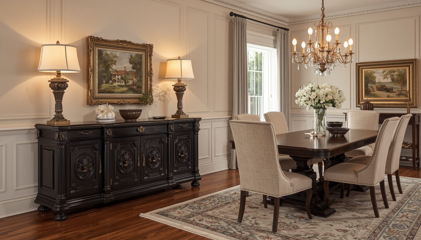 The Antique Black Carved Sideboard with Carved Flower Doors featured in a contemporary home setting, blending traditional craftsmanship with modern aesthetics in this antique carved sideboard.