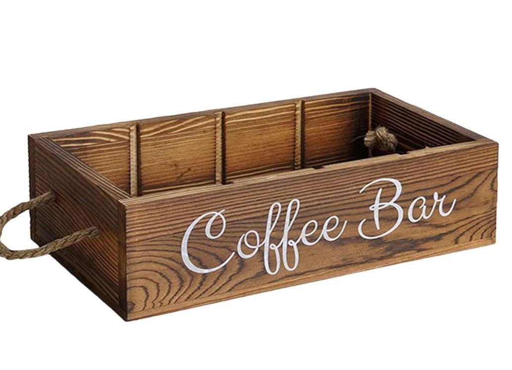 An elegant display of coffee accessories in the Rustic Farmhouse Coffee Bar Organizer, establishing it as a favorite farmhouse coffee organizer.