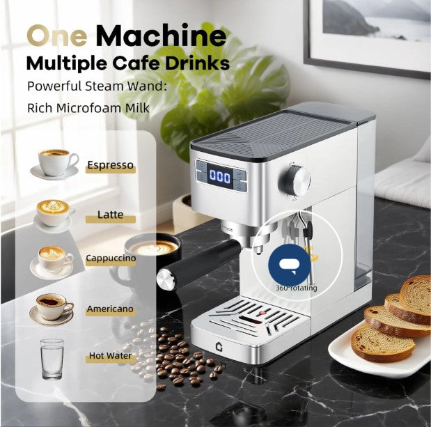 Garvee Espresso Machine 20 Bar with Milk Frother - Stainless Steel 1350W Espresso Maker - Silver, silver espresso machine with frother kitchen appliance