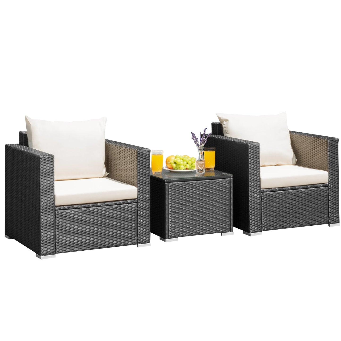 Assembled view of the 3-Piece Outdoor Wicker Patio Conversation Set with cushions – easy-to-assemble outdoor wicker conversation set for your patio.