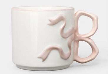 Room Essentials 17.22oz Cream Stoneware Bow Mug with Pink Handle, Microwave & Dishwasher Safe, charming stoneware coffee mug for hot and cold drinks