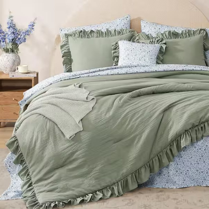 Luxury Sage Green Ruffle Comforter Set – 7-Piece Farmhouse Bedding with Sheets, Soft Elegant All-Season Bed Set