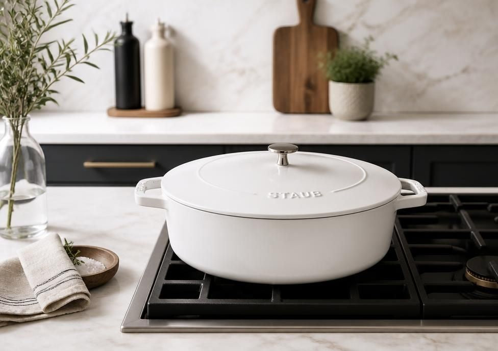 STAUB 6.25-Quart Shallow Oval Dutch Oven, Pure White Enameled Cast Iron for Braising & Roasting, heirloom-quality oval dutch oven for oven-to-table serving