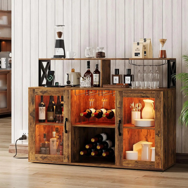 Stylish home bar essentials collection featuring modern glass LED pendant light with blue shades, luxury oversized chenille sofa set, and elegant whiskey decanter set.