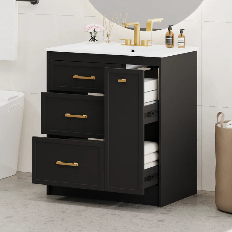 Stylish Bathroom Essentials & Decor Collection — modern bathroom organizer with rustic brown 3-tier storage and wheels plus a toilet paper holder