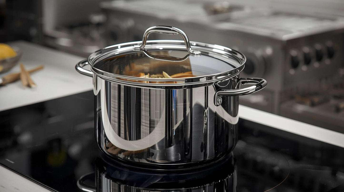 HomelyOasis 12-Qt. large stainless steel stockpot on a countertop, illustrating its dishwasher safe convenience.