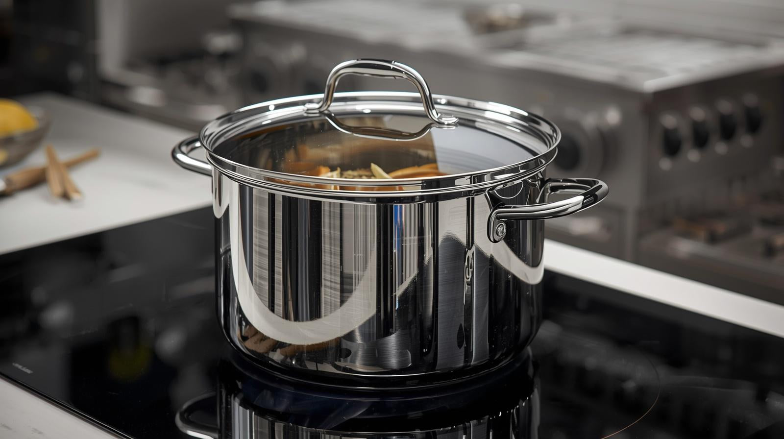 HomelyOasis 12-Qt. large stainless steel stockpot on a countertop, illustrating its dishwasher safe convenience.