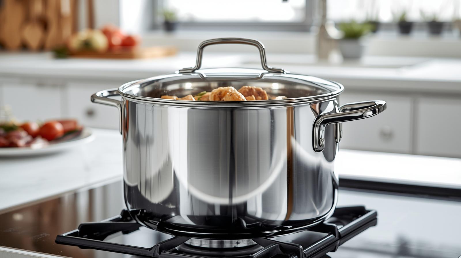A cooking demonstration with the HomelyOasis 12-Qt. large stainless steel stockpot, exhibiting its durability and functionality.