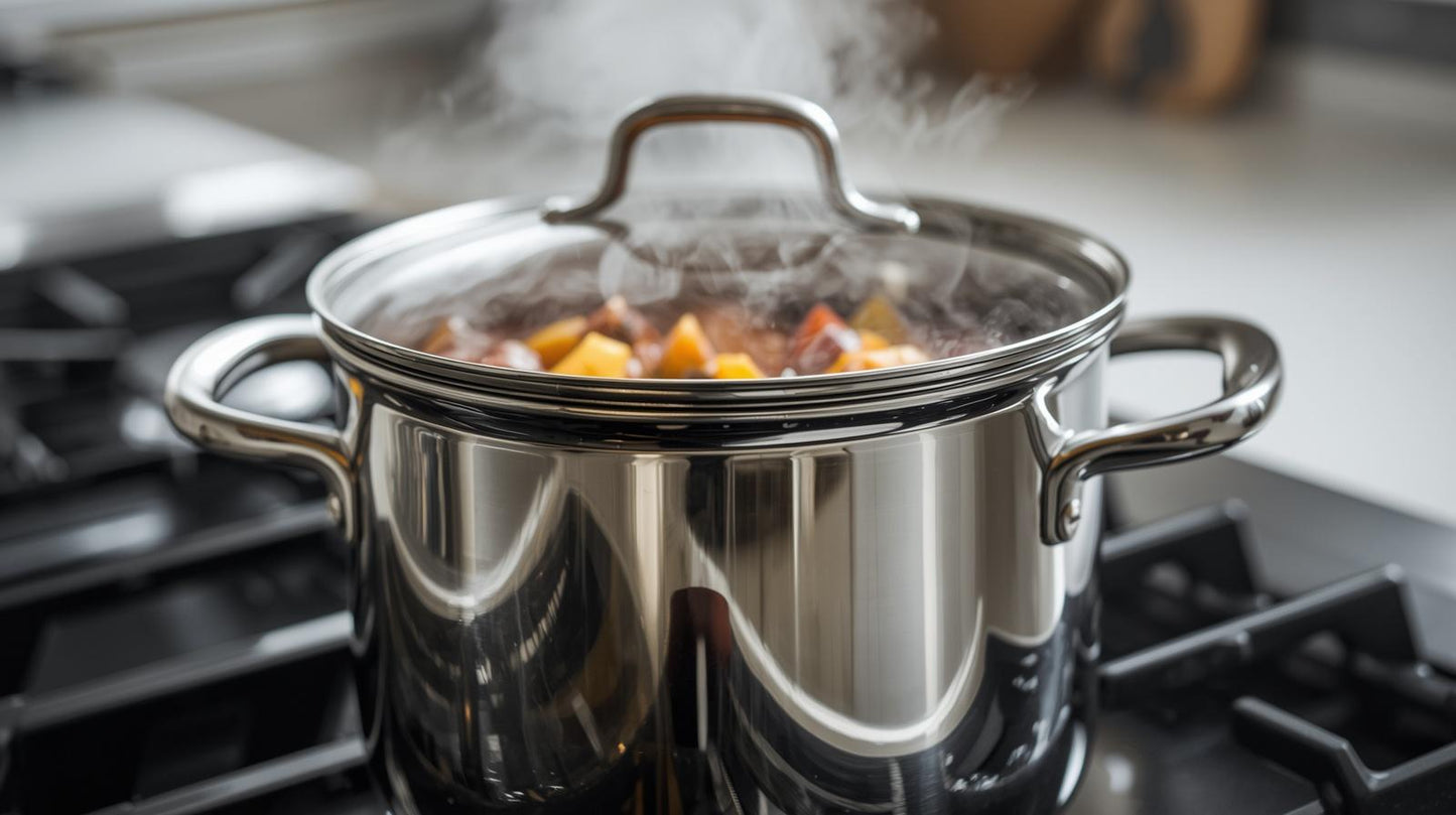 HomelyOasis 12-Qt. Stainless Steel Tri-Ply Clad Stockpot with various utensils around it, showcasing its practicality as a large stainless steel stockpot.