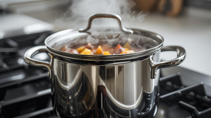 HomelyOasis 12-Qt. Stainless Steel Tri-Ply Clad Stockpot with various utensils around it, showcasing its practicality as a large stainless steel stockpot.