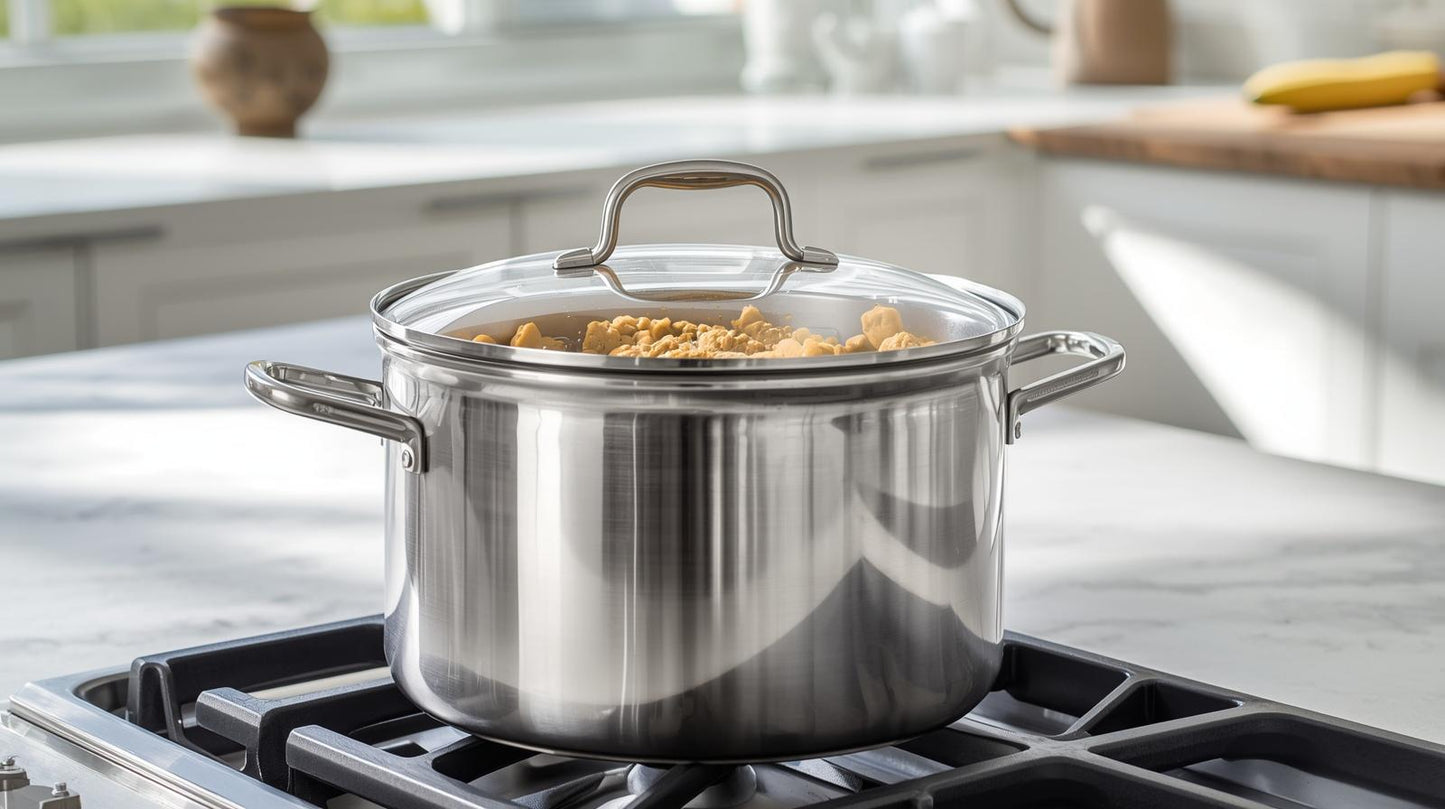 HomelyOasis 12-Qt. large stainless steel stockpot with ingredient preparation in a lively kitchen atmosphere.