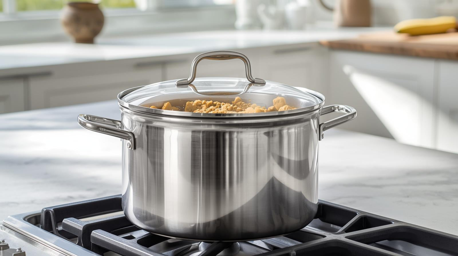 HomelyOasis 12-Qt. large stainless steel stockpot with ingredient preparation in a lively kitchen atmosphere.