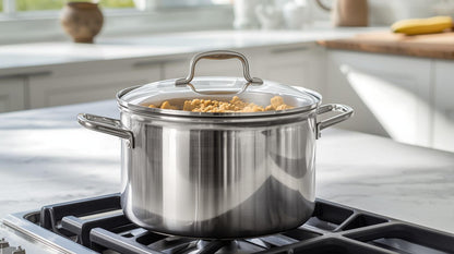HomelyOasis 12-Qt. large stainless steel stockpot with ingredient preparation in a lively kitchen atmosphere.