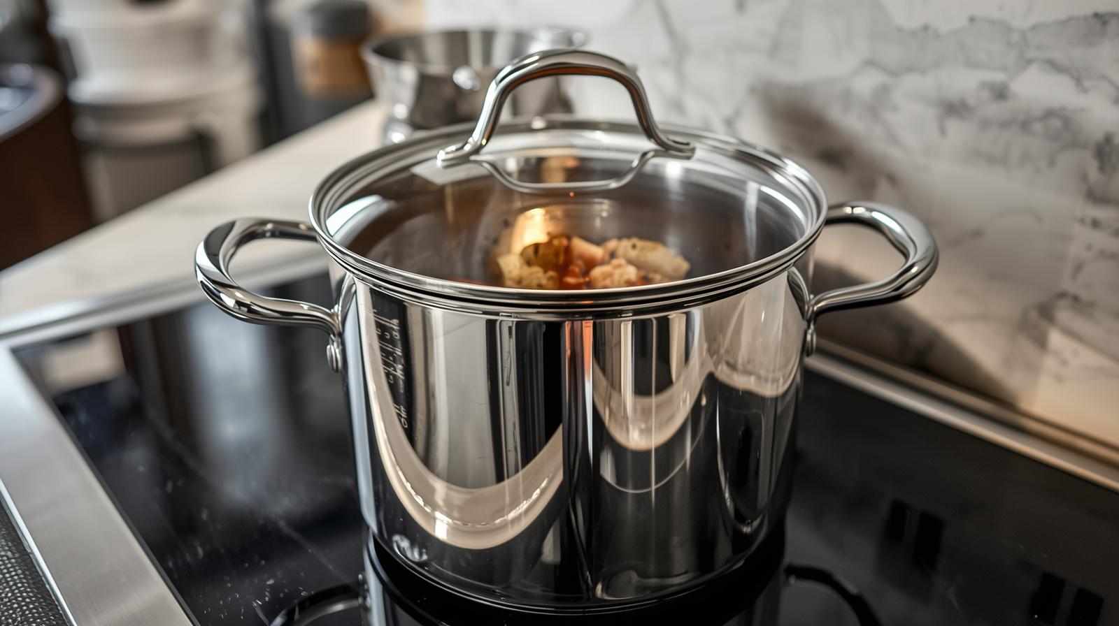HomelyOasis 12-Qt. Stainless Steel Tri-Ply Clad Stockpot on an induction stovetop, demonstrating its induction compatibility as a large stainless steel stockpot.