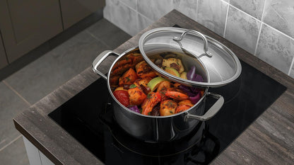 The elegant design of the HomelyOasis 12-Qt. Stainless Steel Tri-Ply Clad Stockpot, a must-have large stainless steel stockpot for any chef.