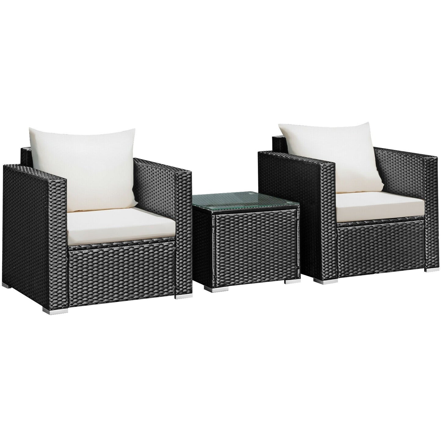Stylish glass coffee table included in the 3-Piece Outdoor Wicker Patio Conversation Set – functional element of our outdoor wicker conversation set.