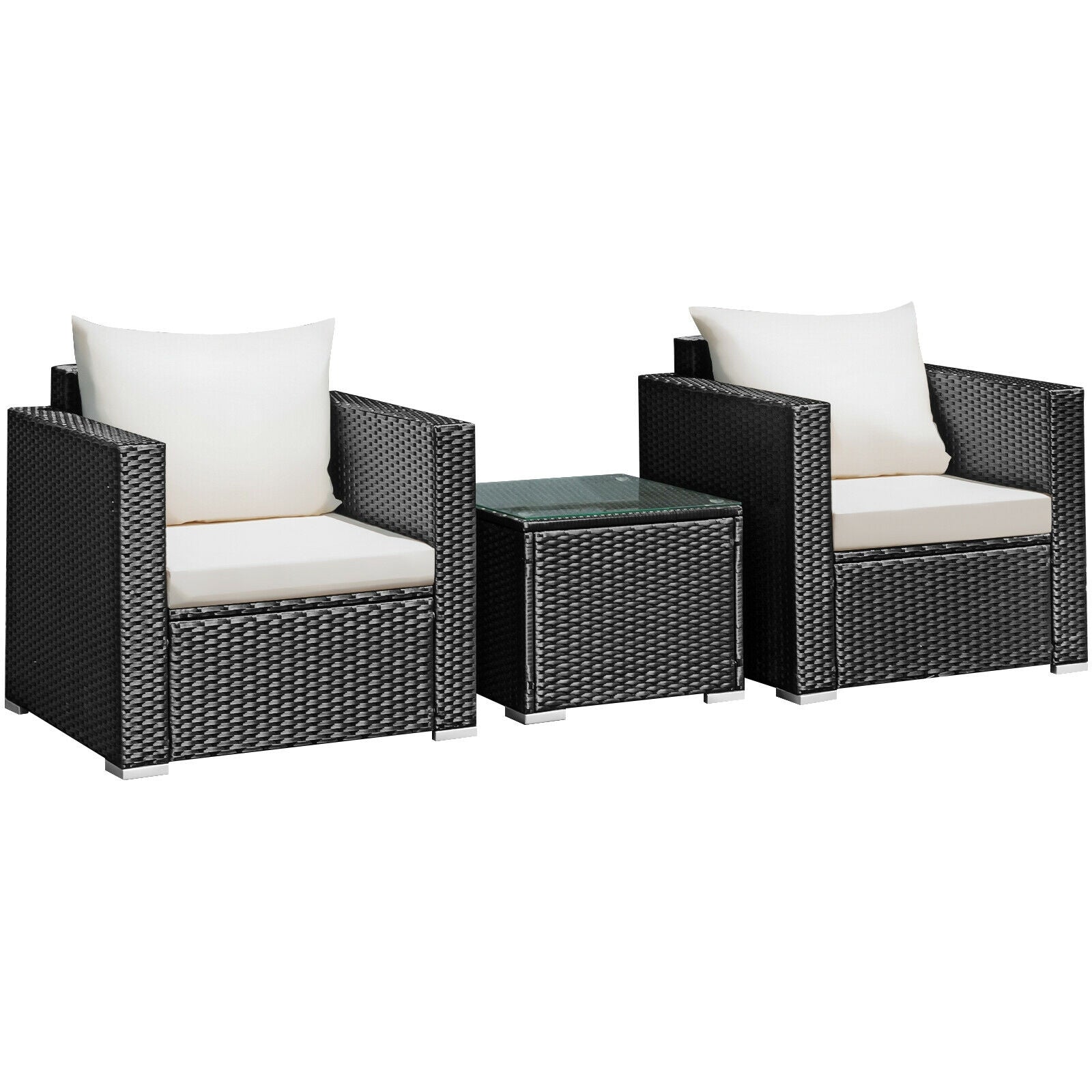 Stylish glass coffee table included in the 3-Piece Outdoor Wicker Patio Conversation Set – functional element of our outdoor wicker conversation set.