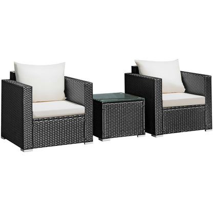 Stylish glass coffee table included in the 3-Piece Outdoor Wicker Patio Conversation Set – functional element of our outdoor wicker conversation set.