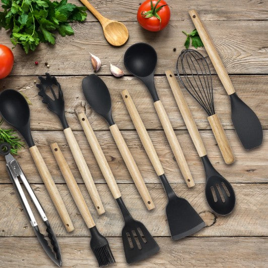 12-Piece Silicone Utensil Set showing heat resistance up to 500°F for practical cooking.