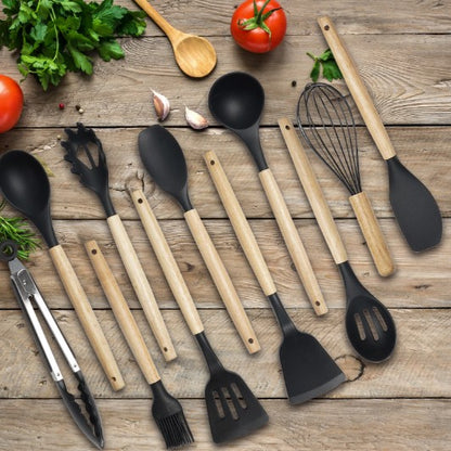 12-Piece Silicone Utensil Set showing heat resistance up to 500°F for practical cooking.