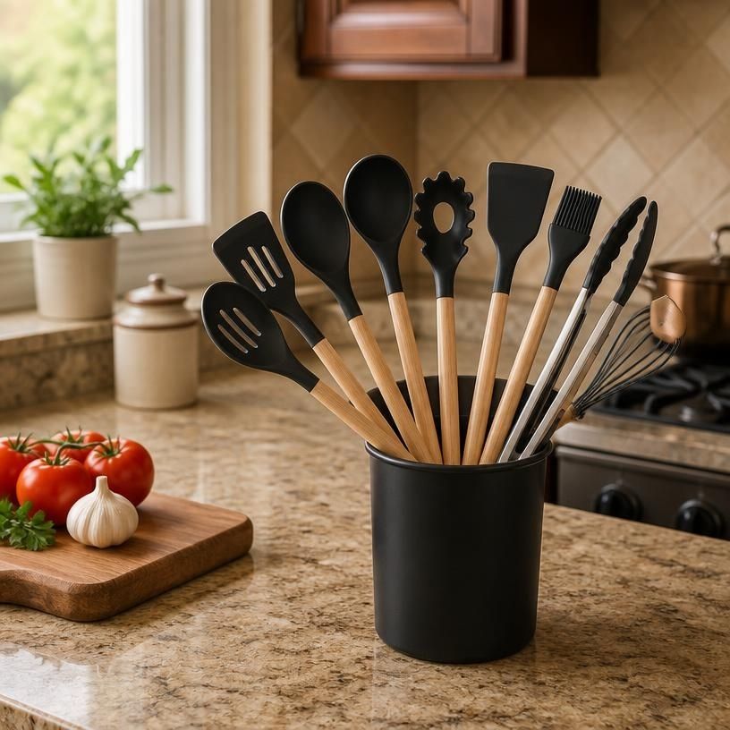 12-Piece Silicone Kitchen Utensil Set with Wooden Handles for Non-Stick Cookware, silicone kitchen utensil set overview