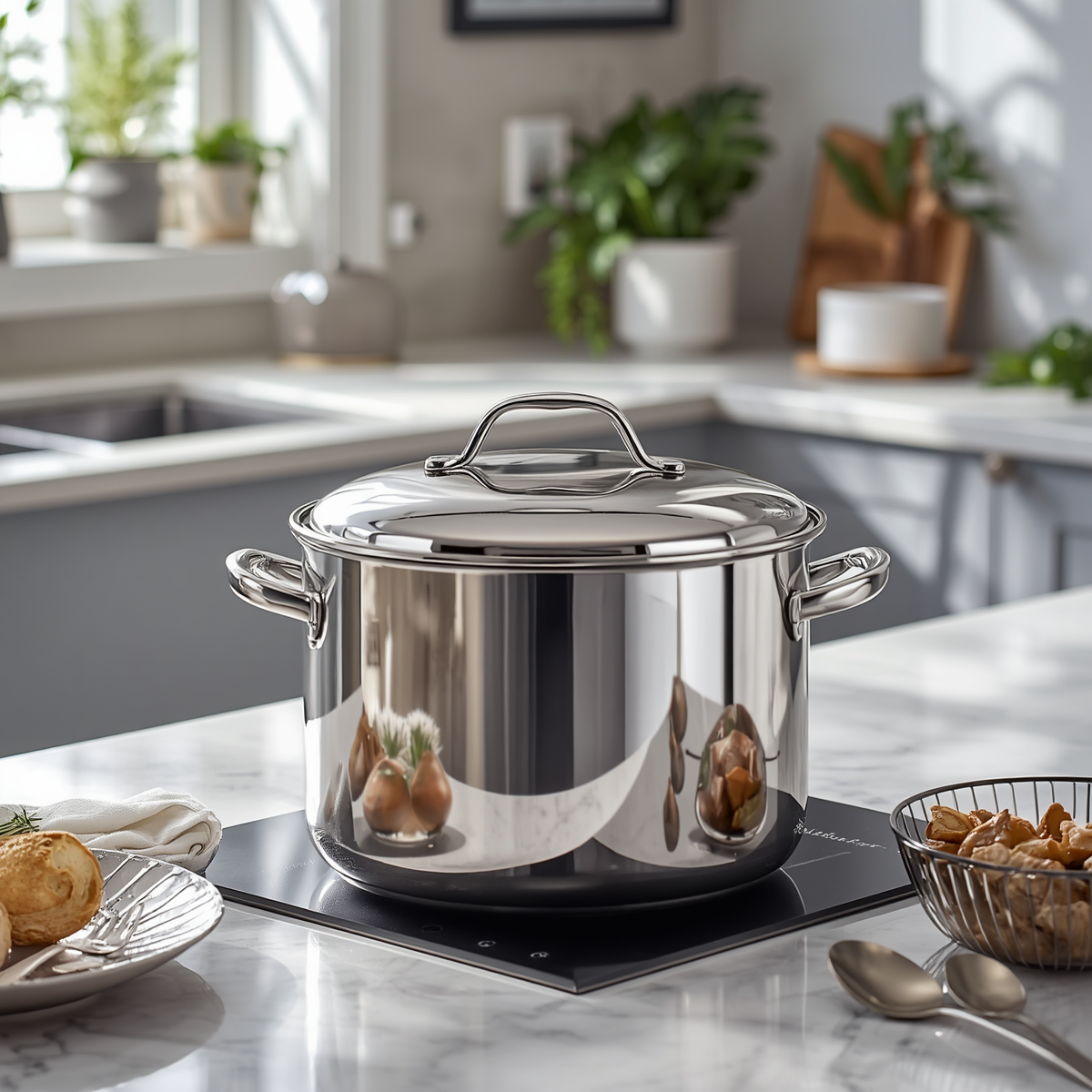 Cook N Home 12-Quart Stainless Steel Stockpot in a modern kitchen setting, perfect for professional-level cooking.