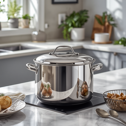 Cook N Home 12-Quart Stainless Steel Stockpot in a modern kitchen setting, perfect for professional-level cooking.