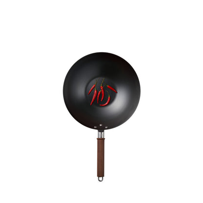 Carbon Steel Wok with a thick flat bottom and high curved sides for rapid heat distribution.