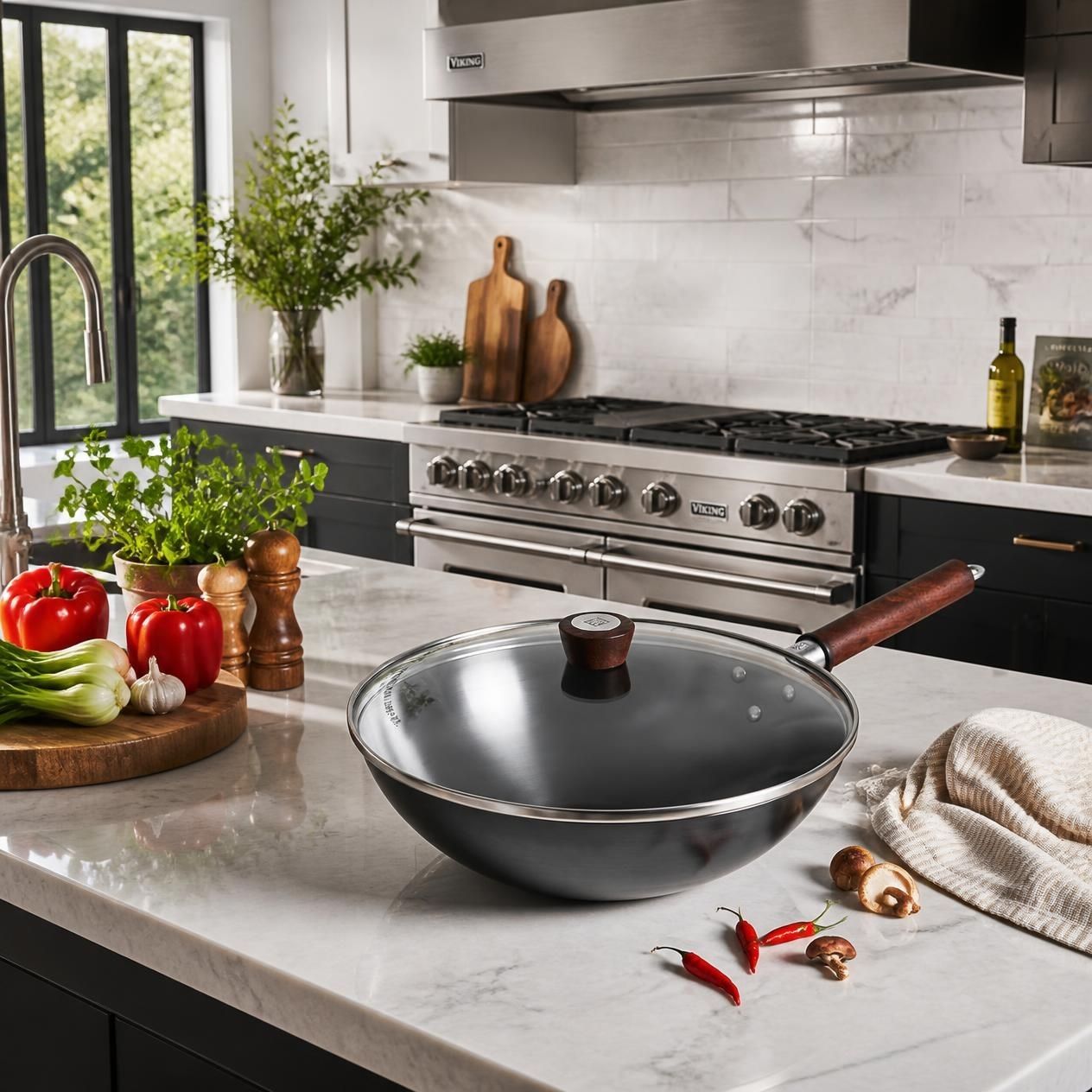 Stylish 12-Inch Carbon Steel Wok with a hanging loop for convenient storage after cooking.