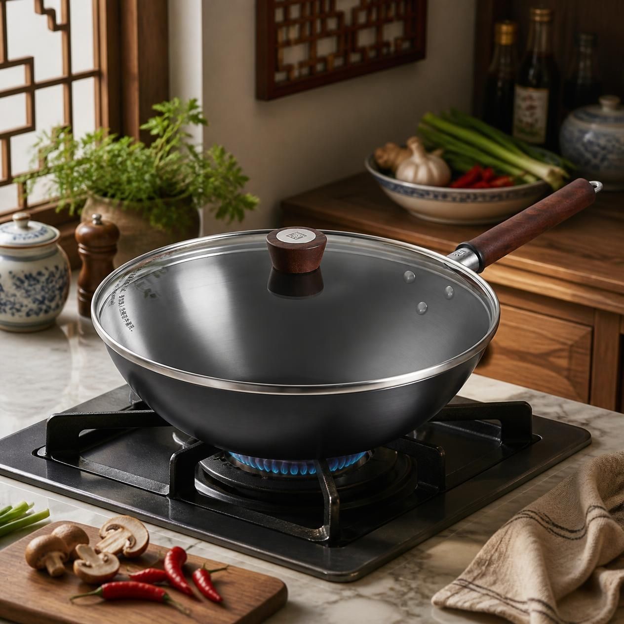 12-Inch Carbon Steel Wok with Lid, featuring versatile cooking capabilities for stir-fries and more.