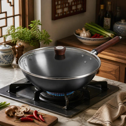 12-Inch Carbon Steel Wok with Lid, featuring versatile cooking capabilities for stir-fries and more.