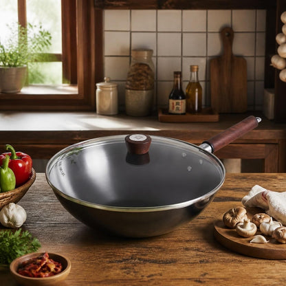 12-Inch Carbon Steel Wok equipped to handle cooking temperatures up to 356°F for versatile meal preparation.