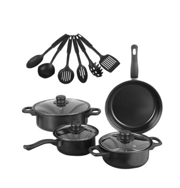 13-Piece Black Non-Stick Cookware Set with Glass Lids & Utensils for Home Kitchen, complete black cookware set for daily cooking