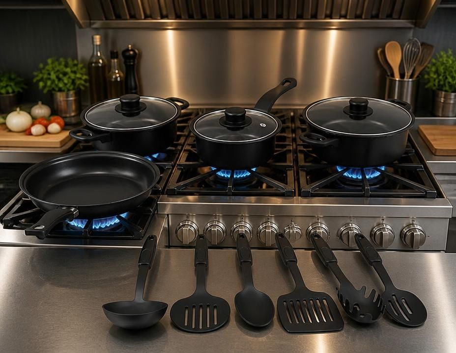 13-Piece Black Non-Stick Cookware Set with Glass Lids & Utensils for Home Kitchen, black cookware set with heat-resistant handles