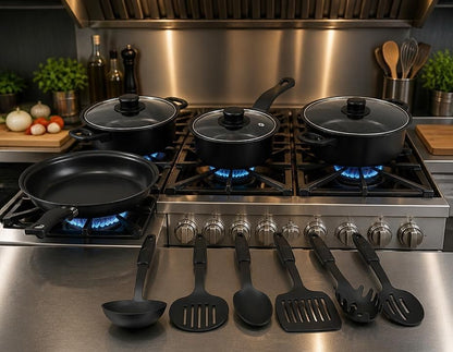13-Piece Black Non-Stick Cookware Set with Glass Lids & Utensils for Home Kitchen, black cookware set with heat-resistant handles