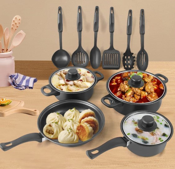 13-Piece Black Non-Stick Cookware Set with Glass Lids & Utensils for Home Kitchen, complete black cookware set with pots and pan