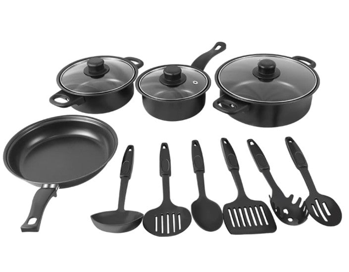 13-Piece Black Non-Stick Cookware Set with Glass Lids & Utensils for Home Kitchen, modern black cookware set displayed in a kitchen