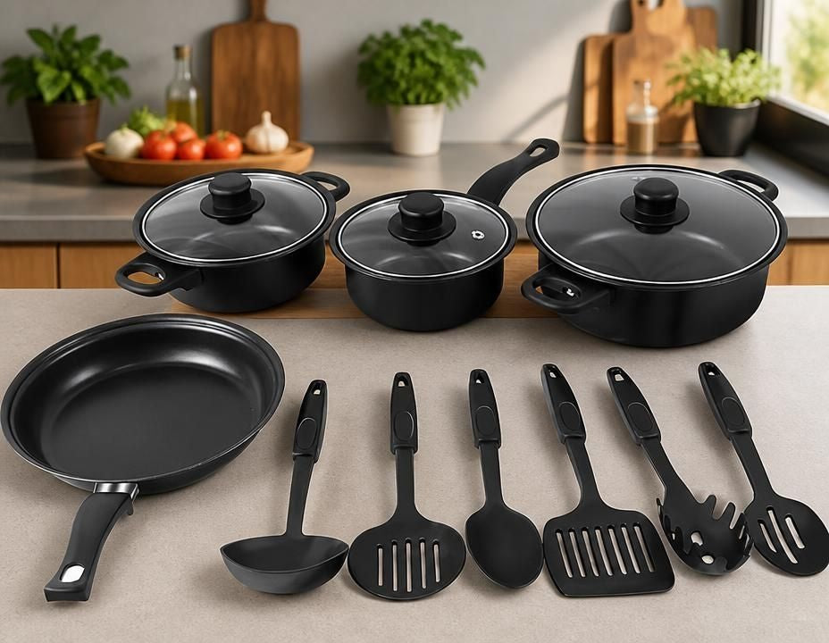 13-Piece Black Non-Stick Cookware Set with Glass Lids & Utensils for Home Kitchen, coordinated black cookware set for home cooking