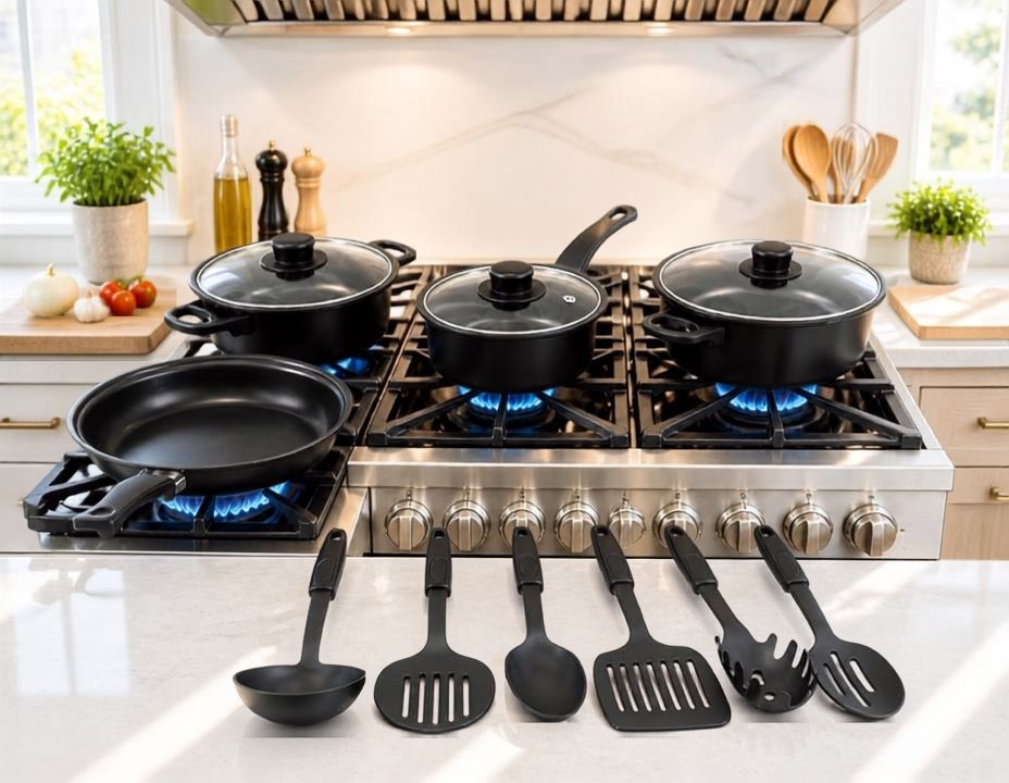 13-Piece Black Non-Stick Cookware Set with Glass Lids & Utensils for Home Kitchen, black cookware set overview