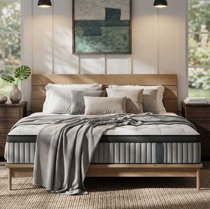 Detailed view of BedStory 14-Inch Luxury Hybrid Mattress materials, showing gel memory foam, the ideal hybrid mattress for cooling.