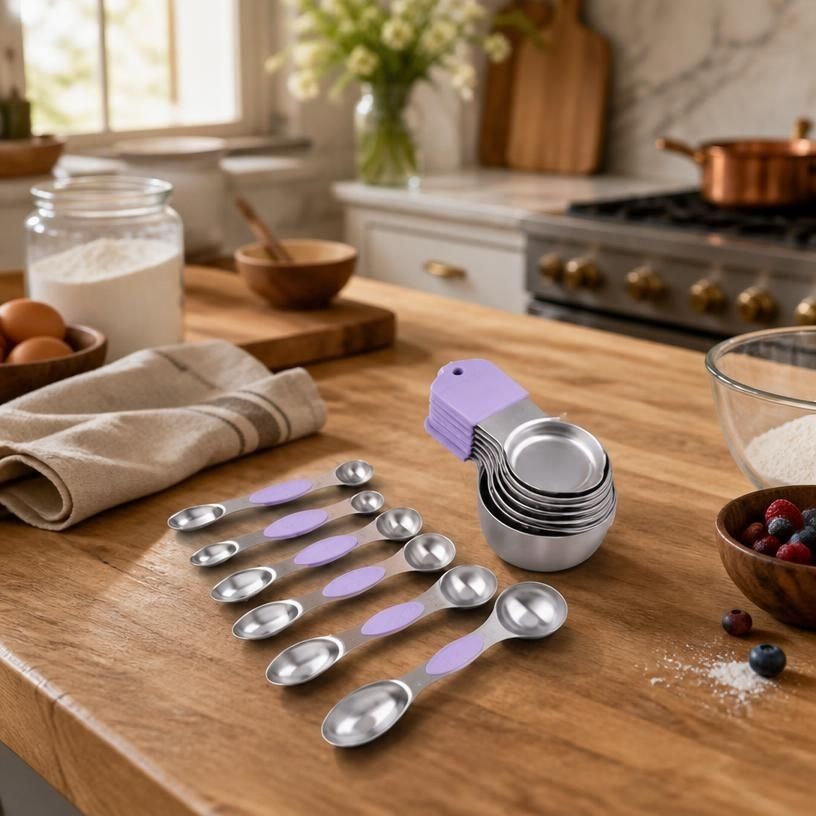 16-Piece Magnetic Measuring Cups and Spoons Set, 304 Stainless Steel with Purple Silicone Handles including magnetic measuring cups and spoons