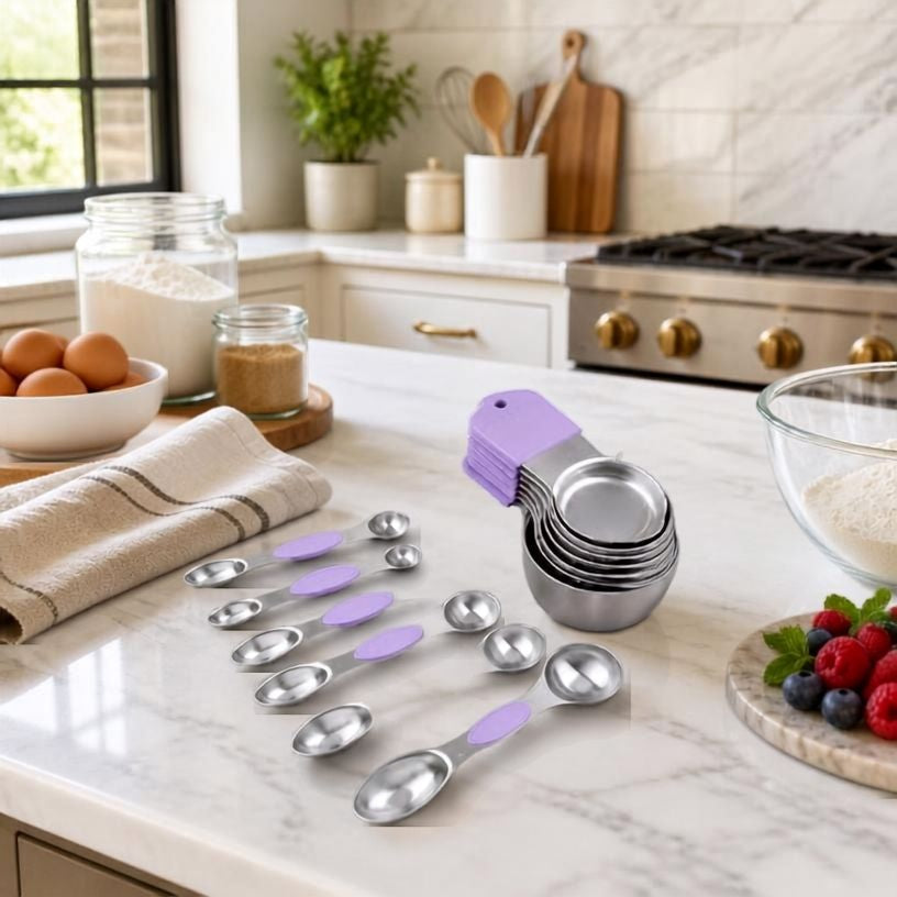 16-Piece Magnetic Measuring Cups and Spoons Set, 304 Stainless Steel with Purple Silicone Handles including multiple cup sizes