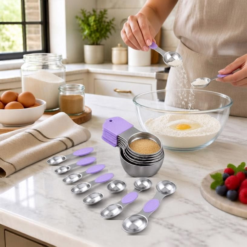 16-Piece Magnetic Measuring Cups and Spoons Set, 304 Stainless Steel with Purple Silicone Handles and leveling tool