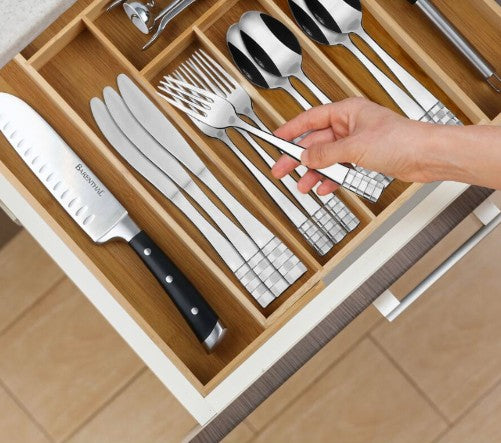 KitchenTrend Checkmate 20/40-Piece Mirror Polished Stainless Steel Flatware Set for 4/8, Dishwasher Safe, stainless steel flatware set displayed on a dining table