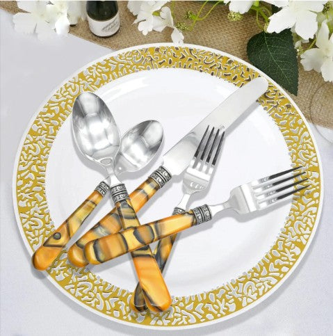 20-Piece Tortoise Shell Stainless Steel Flatware Set in a warm vintage-inspired table setting featuring tortoise shell flatware