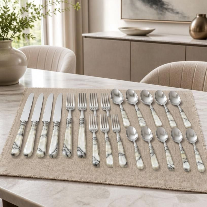 20-Piece Tortoise Shell Stainless Steel Flatware Set styled with dinnerware and linens for entertaining with tortoise shell flatware