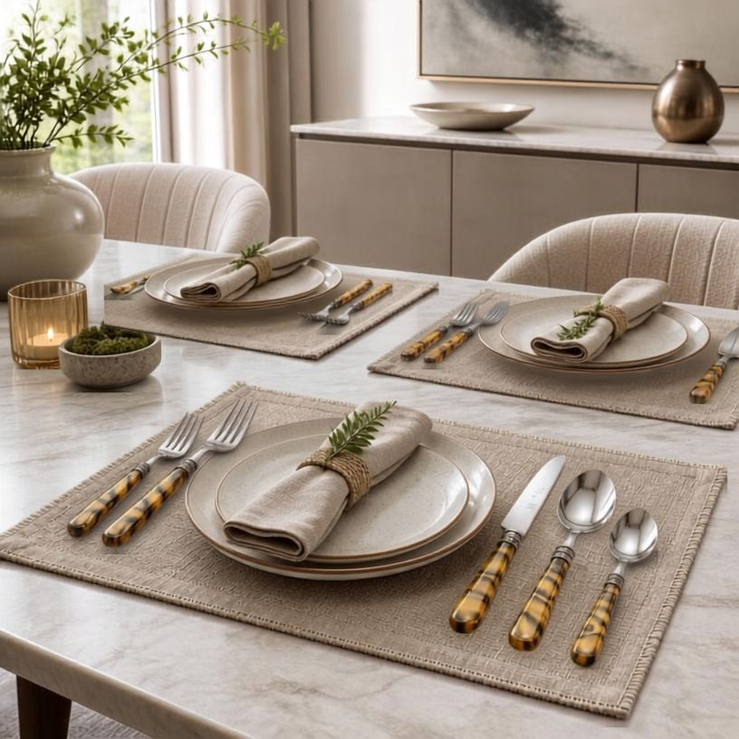 20-Piece Tortoise Shell Stainless Steel Flatware Set featuring tortoise shell flatware with marbled resin handles