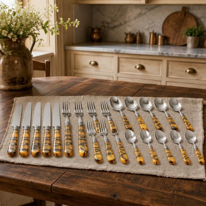 20-Piece Tortoise Shell Stainless Steel Flatware Set with knives, forks, and spoons in tortoise shell flatware design