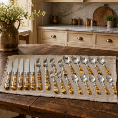 20-Piece Tortoise Shell Stainless Steel Flatware Set with knives, forks, and spoons in tortoise shell flatware design